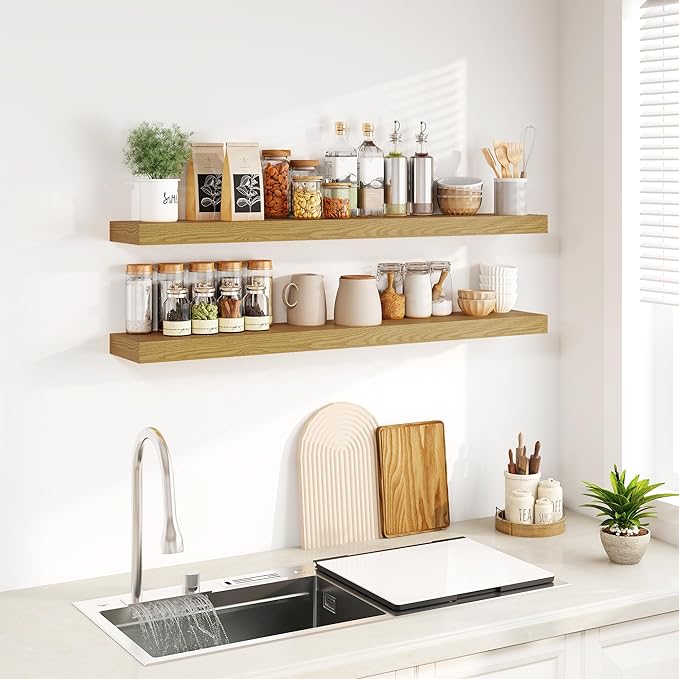 Fun Memories Floating Shelves for Wall, 48Inch Floating Shelves Set of 2, Hanging Shelf with Invisible Brackets, Wood Shelves