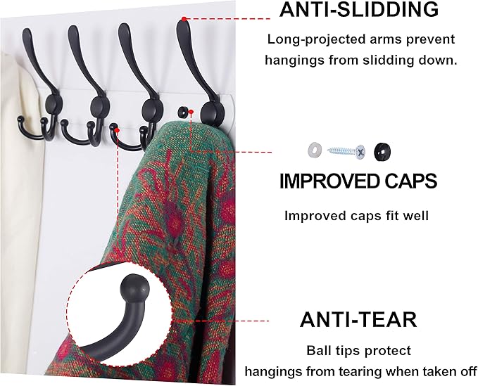 Dseap Wall Mounted Coat Rack - 5 Tri Hooks, Heavy Duty, Stainless Steel, Metal Coat Hook Rail for Coat Hat Towel Purse Robes 