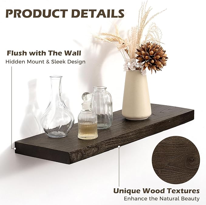 30 Inch Floating Shelves for Wall, 8"D High End Solid Hardwood Shelves for Decor Storage, Rustic Wall Shelves with Invisible 