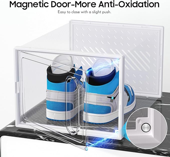 eWonLife Large Shoe Organizer Storage Box with Magnetic Door,12 Pack Clear Plastic Stackable Sneaker Containers for Closet, C
