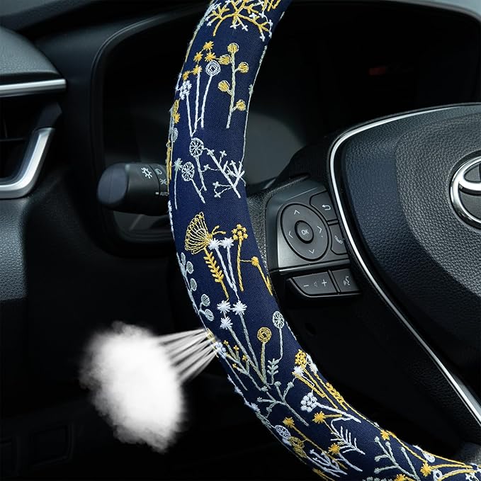 Navy Spherical Flowers Steering Wheel Cover Auto Steering Wheel Protector, Anti-Slip, Absorbing Sweat, Universal Flowers Car Accessories 14.5–15 inch,Fit for Most Car, Trucks, SUV