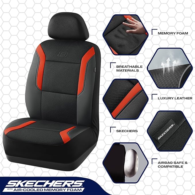 Skechers Memory Foam Car Seat Covers, Air Cool Mesh Thick Seat Covers, Car Seat Full Sets, Airbag Compatible, Automotive Comf