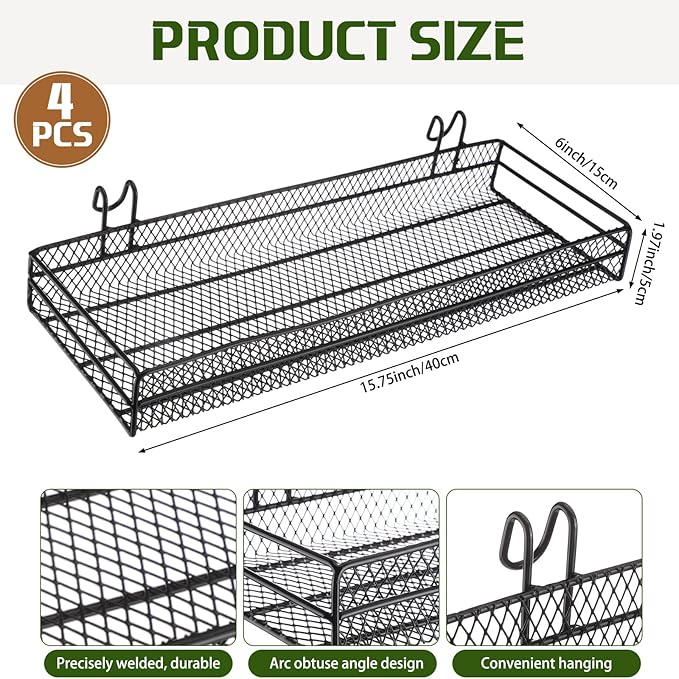 4 Pcs Black Metal Grid Wall Baskets with Hooks Hanging Wire Mesh Basket for Gridwall Wall Mounted Storage Organizer for Home 