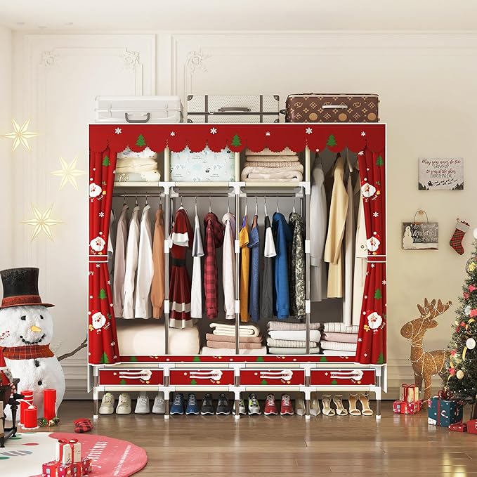 Portable Wardrobe with 4 Drawers Simple Temporary Wardrobe, Armario Portátil,New Oxford Cloth, Christmas Style (Christmas Col