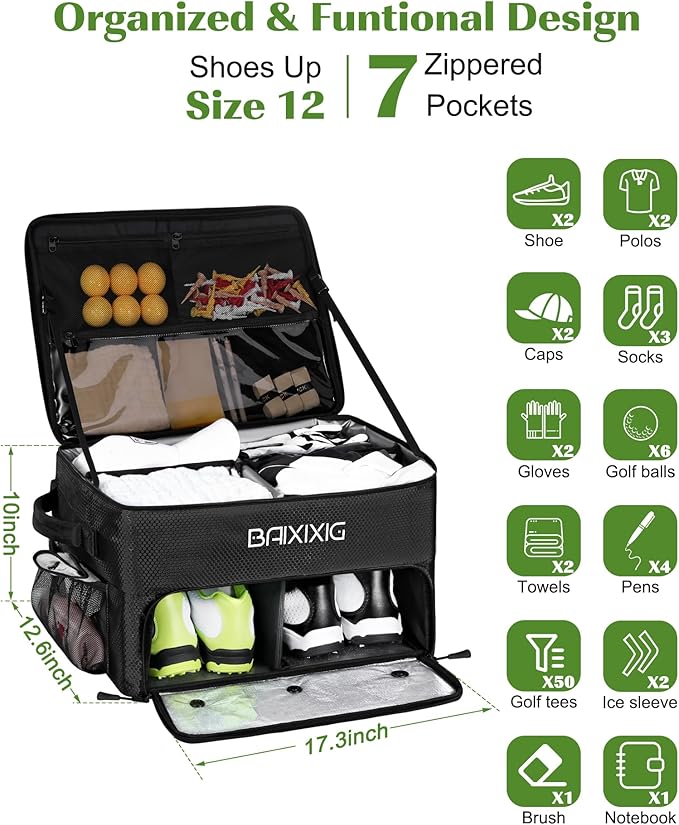 Golf Trunk Organizer, Waterproof Car Golf Locker with Separate Ventilated Compartment for 2 Pair Shoes, Golf Storage for Balls, Tees