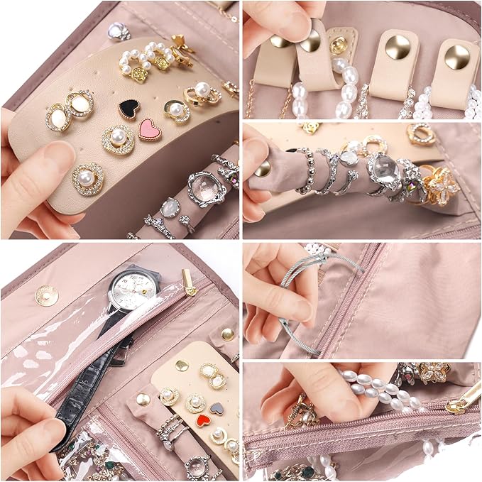 Travel Jewelry Organizer Box, Foldable Travel Case for Earrings, Necklaces, Rings, Bracelets, Red Sandalwood