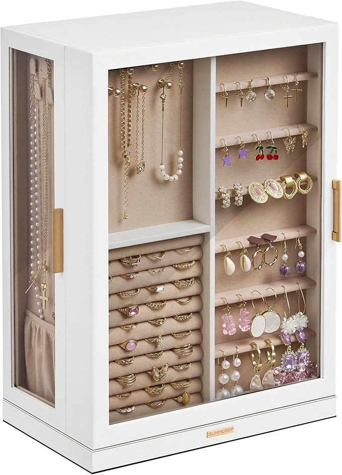 Glimmloop 360° Rotating Jewelry Box with 9 Drawers, Spacious Vertical Jewelry Organizer with Glass Window, Jewelry Storage Ca