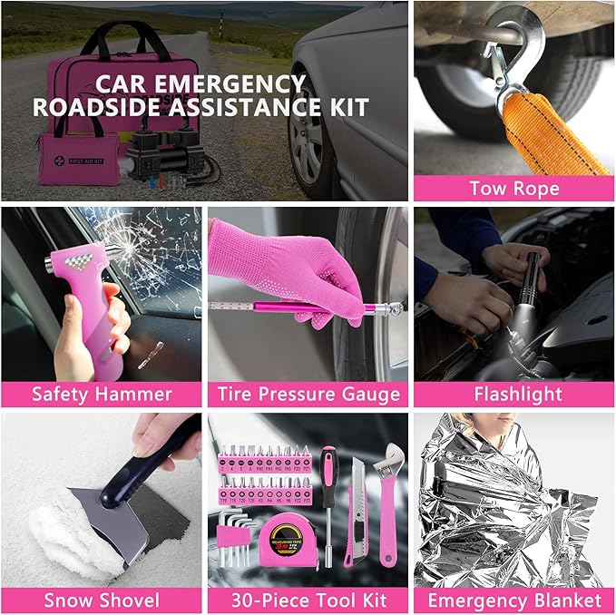 Car Emergency Kit with Portable Air Compressor - Roadside Assistance Emergency Kit with Jumper Cables, First Aid Kit, Auto To