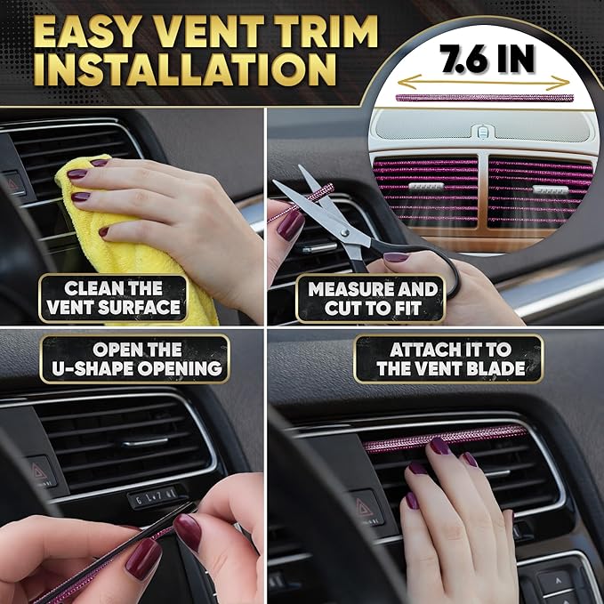 Pink Car Accessories Set, 27 Pieces – Bling Car Accessories for Interior Styling with Rhinestone Details for Daily Use, Universal Fit Kit for Steering Wheel, Vents, Mirror Area, Great Gift for Women