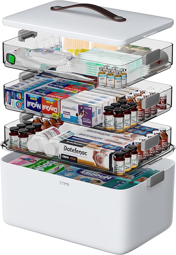 CTIME 4-Tier XL Medicine Organizer - Portable Medicine Cabinet with Leather Handle, Empty First Aid Kit for Home Organization