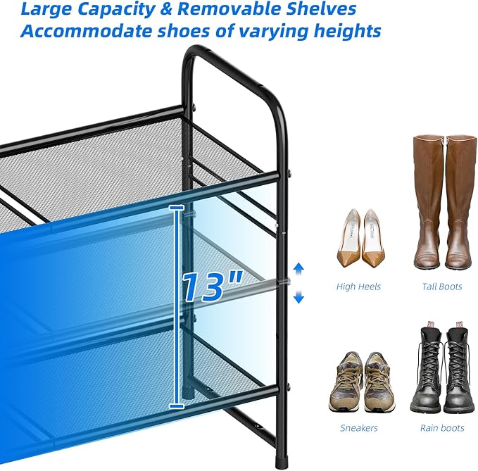 SUFAUY 3-Tier Mesh Shoe Rack, Closet Metal 33" Wide Shoe Shelf Heavy Duty, Black