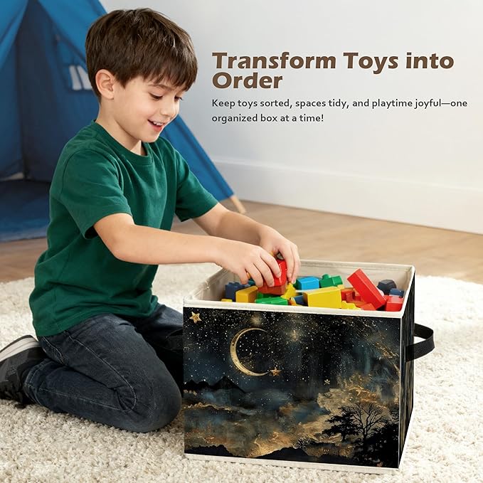 Mystical Crescent Moon Star Celestial Storage Box Bins, Moody Starry Night Sky Collapsible Storage Basket Organizer for Bedro