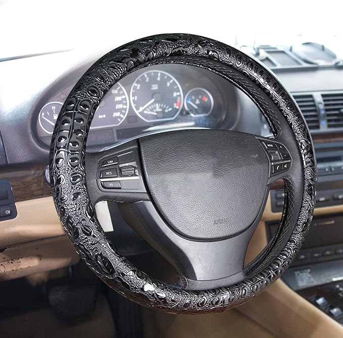 Car Steering Wheel Cover Universal 15 inch Auto Antislip Leather Protector Flower Grain Black