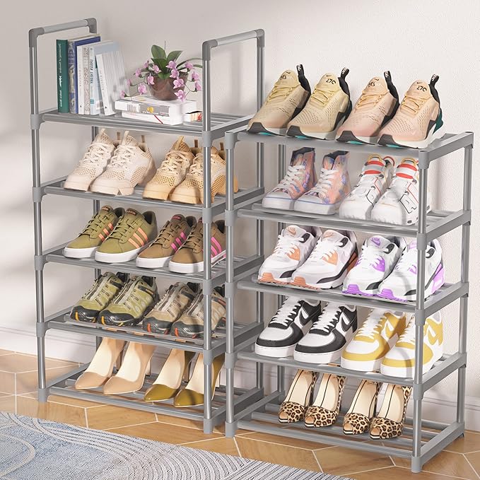 OYREL 10-Tier Metal Shoe Rack, Narrow Shoe Rack Organizer, Sturdy Shoe Shelf for Closets, Entryway, Bedroom, Garage - Silver