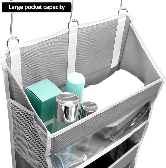 QWORK Over Door Organizer with 5 Large Pockets, 10 Mesh Side Pockets, Door Hanging Organizer for Diapers, Towels, 44lbs Weigh
