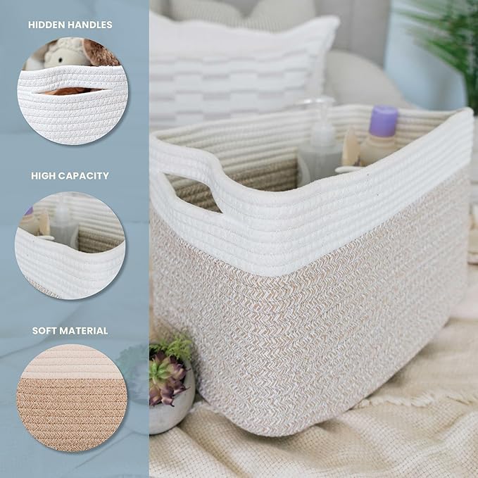 OrganiHaus Cotton Rope Basket for Shelf - Woven Storage Basket for Organizing, Closet & Toy Storage - Light Honey/Off-White -