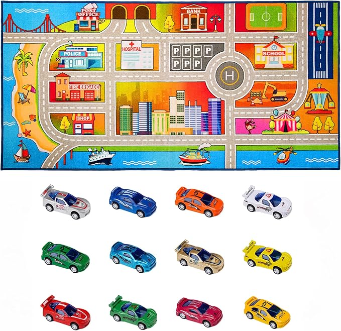 Booooom Jackson Kids Carpet Playmat with 12 Toy Cars for Age 3+ Colorful Non Slip City Rug for Kids Track Play Mat Playroom B