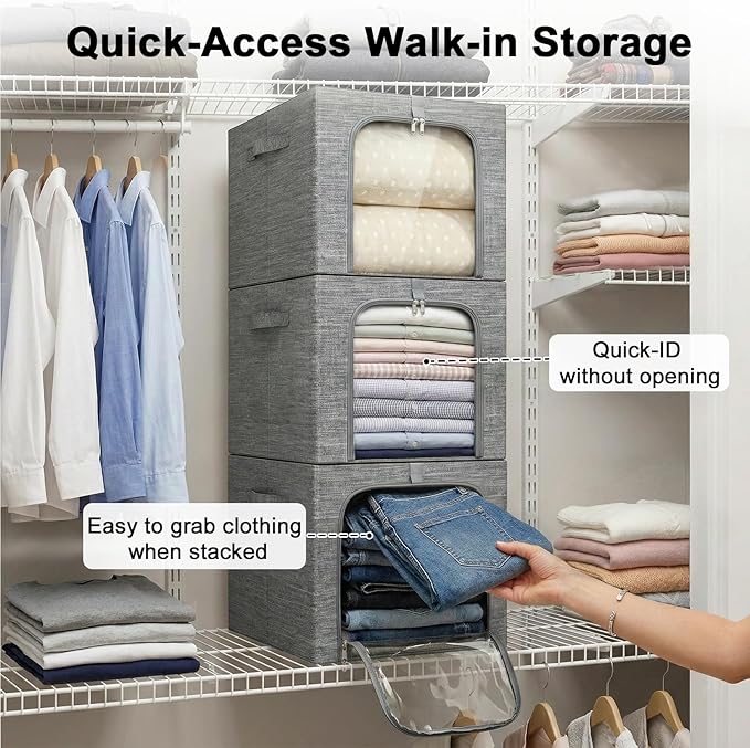 GoMaihe Clothes Storage Bin with Metal Frame: 6-Pack Stackable Closet Storage Bin with Lid & Clear Window, Sweater Boxes Stor