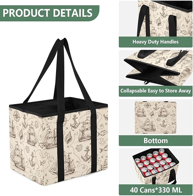 Vintage Sailing Ships Reusable Grocery Bags Large Shopping Tote Bag with Reinforced Bottom Board, Water Resistant Foldable St