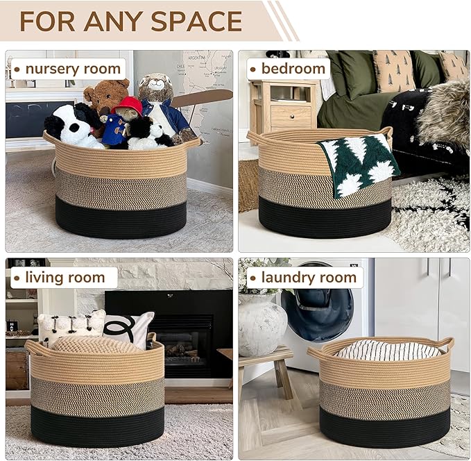 INDRESSME XXXLarge Cotton Rope Basket 21.7" x 21.7" x 13.8" Woven Baby laundry Blanket Basket for Living Room Decor, Toy Stor