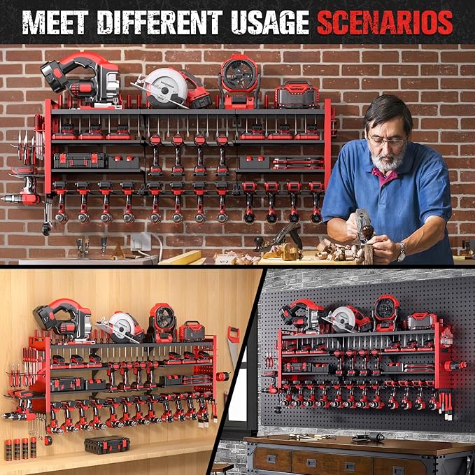 49.8" W Super Large Power Tool Organizer Wall Mount,4-Layer Heavy Duty Tool Storage with 18 Cordless Drill Holder,600 lb Capa
