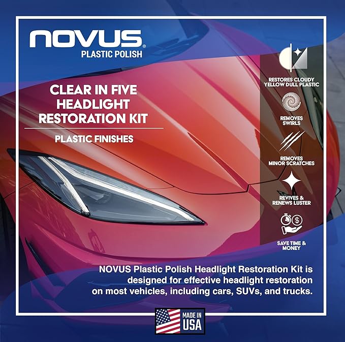 Novus Clear in Five Headlight Restoration Kit, 2 Ounce #1, 2, & 3 Bottles, Buffing Pad, Backing Pad Drill Attachment, 1,000 G