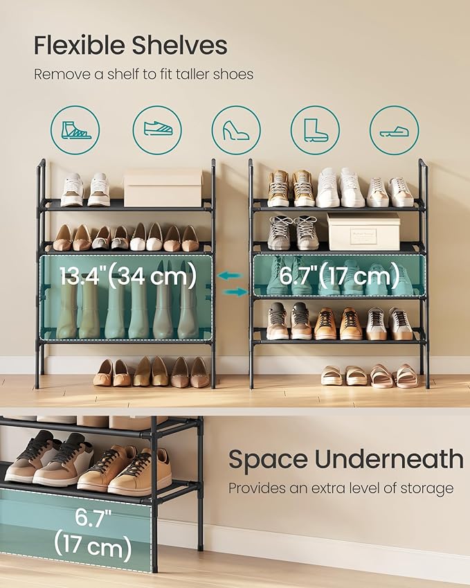 SONGMICS 4-Tier Shoe Rack, Shoe Storage for Hallway Closet, Slim and Space-Saving, Metal Frame, Non-Woven Fabric Shelves, Bla