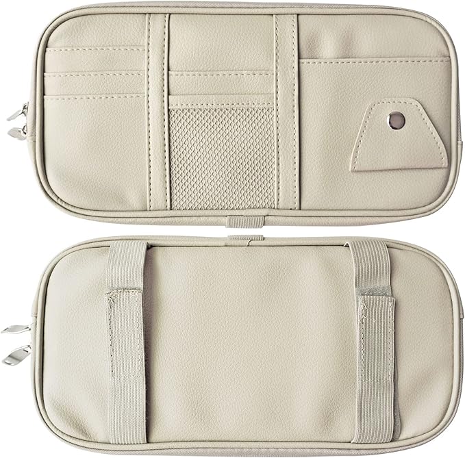 Da by Car Visor Organier Truck SUV Sun Visor Storage Pocket PU Leather Pouch Holder with Multi-Pocket Double Zipper Net Pocket, for Cards Pens Sunglasses Document (Cream Grey)