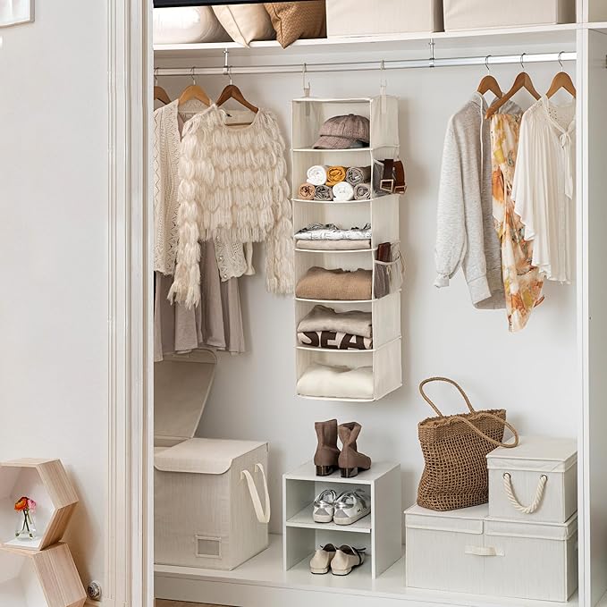 StorageWorks 6-Shelf Hanging Closet Organizer, Hanging Shelves for Closet, Fabric, Mixing of Beige, White & Ivory, 12" D x 12