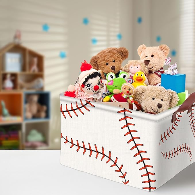 Baseball Decor Storage Basket Waterproof Canvas Toy Storage Bin Baseball Room Decor Collapsible Outdoor Basket with Leather H