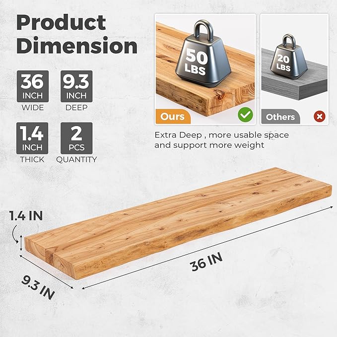 Live Edge Elm Floating Shelves For Wall - 36" W x 9.3" D Rustic Solid Wood Shelves with Invisible Bracket, Wall-Mounted Stora