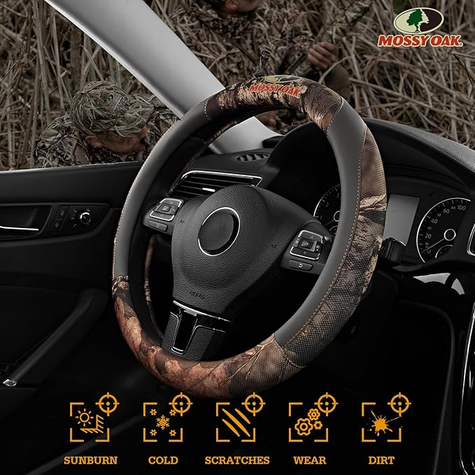 Mossy Oak Full Camo Steering Wheel Cover - Made from Premium Leather, Universal Fit for 14 1/2 to 15 inches - Official Licens