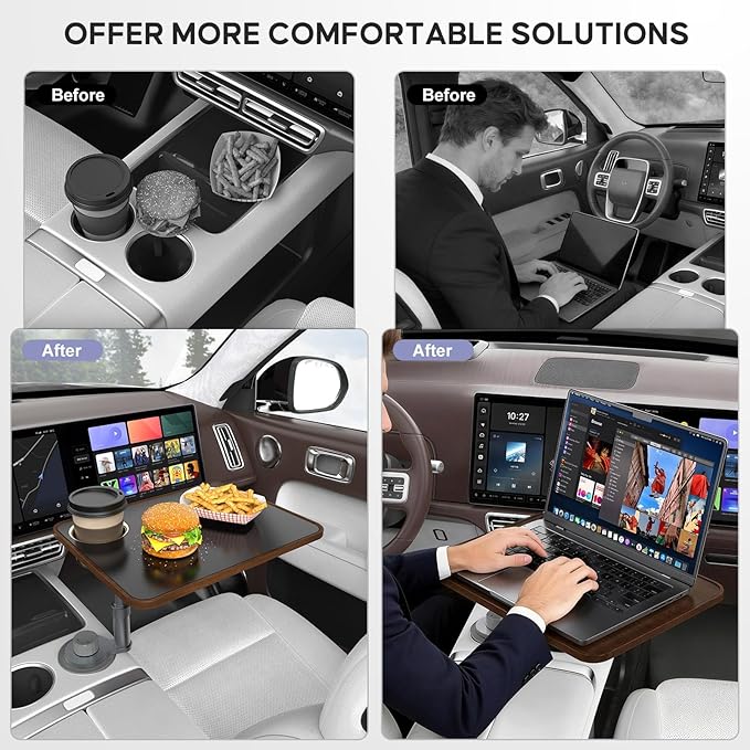 Car Desk Car Tray for Laptop & Food, Wooden Cup Holder Table with Adjustable Height, Car Accessories for Women & Men 360° Rotatable Steering Wheel Tray for Tesla Model Y/3/S, Ford F150 & Most Vehicles