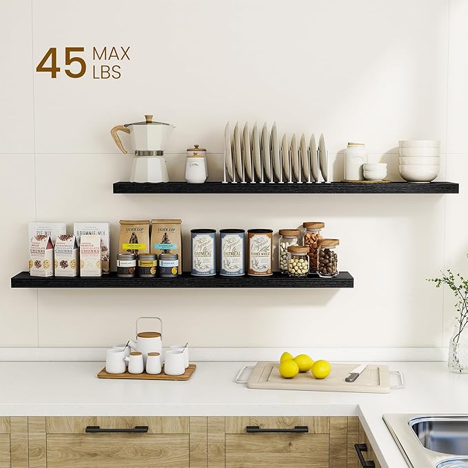 Dreamland 48Inch Floating Shelves for Wall, Rustic Wooden Black Floating Shelves for Living Room, Kitchen, Farmhouse, Deep Wa