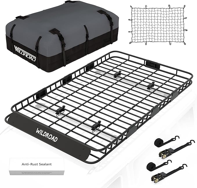 WILDROAD Roof Rack Cargo Basket, Upgraded 4” Fence Wide Car Roof Basket Combo, 84"x 50"x 4" Universal Roof Cargo Carrier Basket with Cargo Bag, Cargo Net and Ratchet Straps Fits for SUV Truck Cars