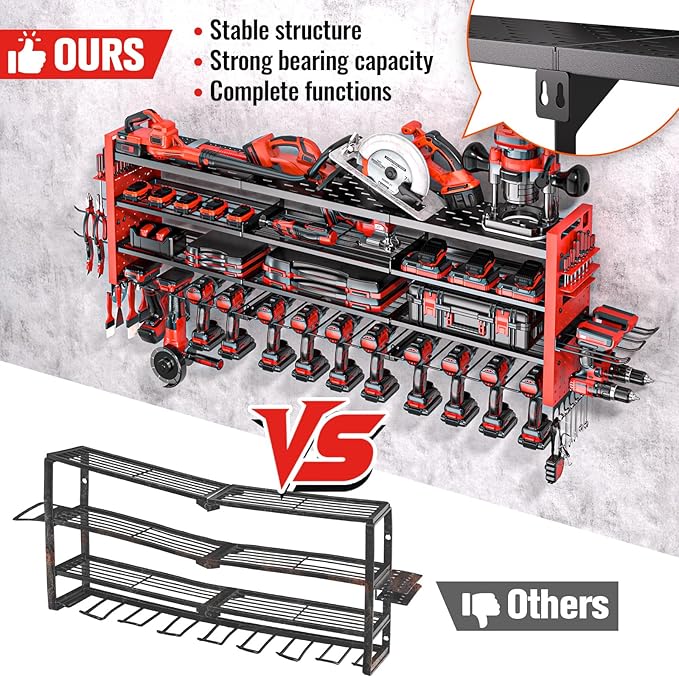 49.8" W Large Power Tool Organizer Wall Mount, Heavy Duty Tool Organizer with 14 cordless Drill Holder, 4 Layers Garage Organ