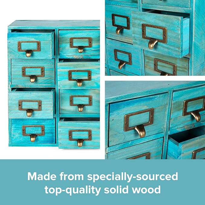 Teal 16-Slot Wooden Drawer Unit - Country Style Desk Organizer Box - 20"x3.6”x14” Wooden Storage Box w/ 16 Drawers - Countert