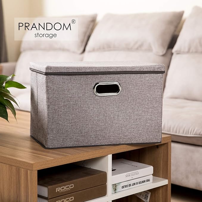 PRANDOM Large Foldable Storage Bin with Lid [1-Pack] Linen Fabric Decorative Storage Box Organizer Containers Basket Cube wit