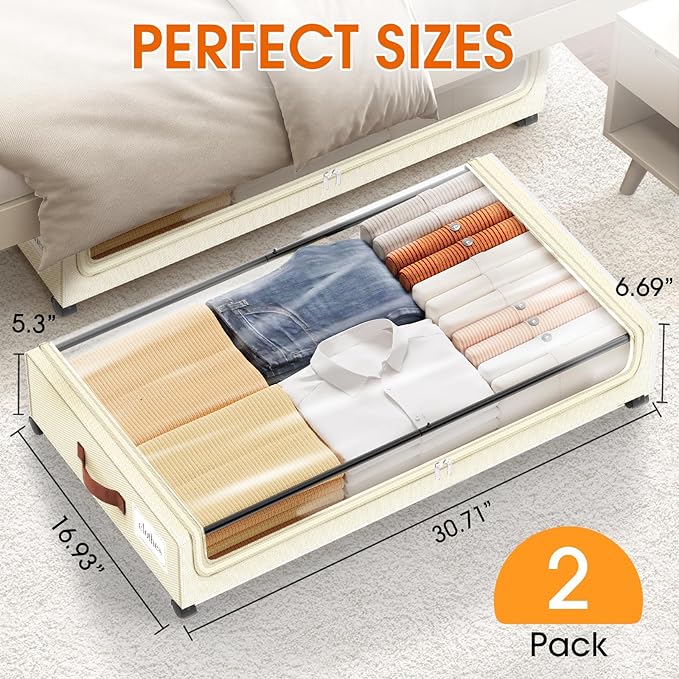 Under Bed Storage with Wheels 2Pack Underbed Storage with Clear Window&Label Under Bed Drawers Large Capacity Rolling Under B