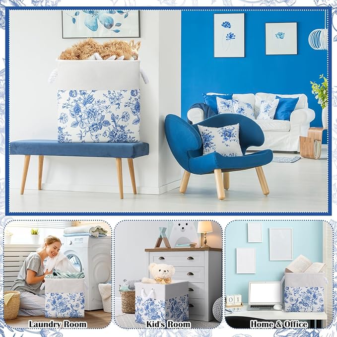 LemonRoad 6 Pcs Blue Floral Cube Storage Bins 13 Inch Square Storage Basket with Handle Preppy Girl Organizer Basket Collapsi
