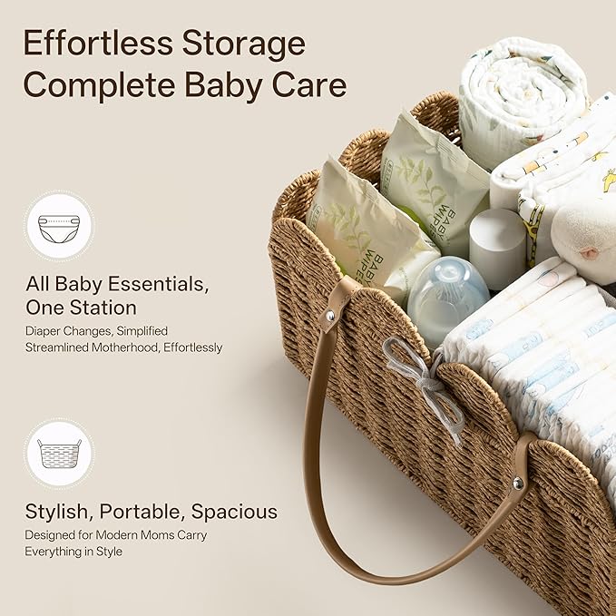 HBlife Large Baby Diaper Caddy, Paper Rope Scalloped Storage Baskets Nursery Bin with Removable Divider, Portable Car Organiz