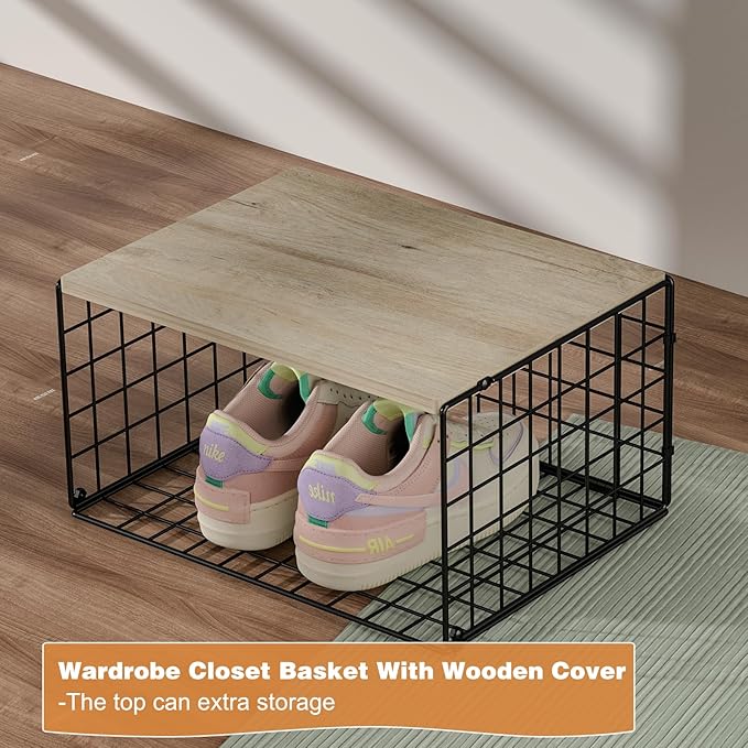 Extra-Long, Low-Profile Closet Organizers and Storage with Wood Top, 3 Pack Stackable Closet Shelf Organizer, Space-Saving Cl