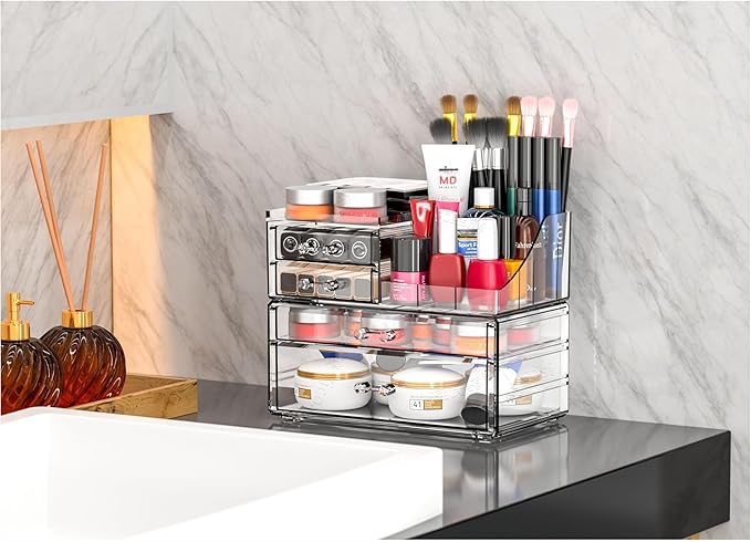 Small Make up Organizers and Storage with 4 Drawers,Clear Skincare Organizers,Cosmetic Storage for Dresser Top Organizer,Bath