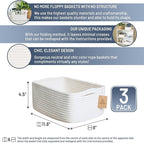 NaturalCozy 11.8"x8"x4.5” Storage Baskets for Shelves 3 Pack | Cotton Rope Woven Small Baskets for Organizing | Small Storage