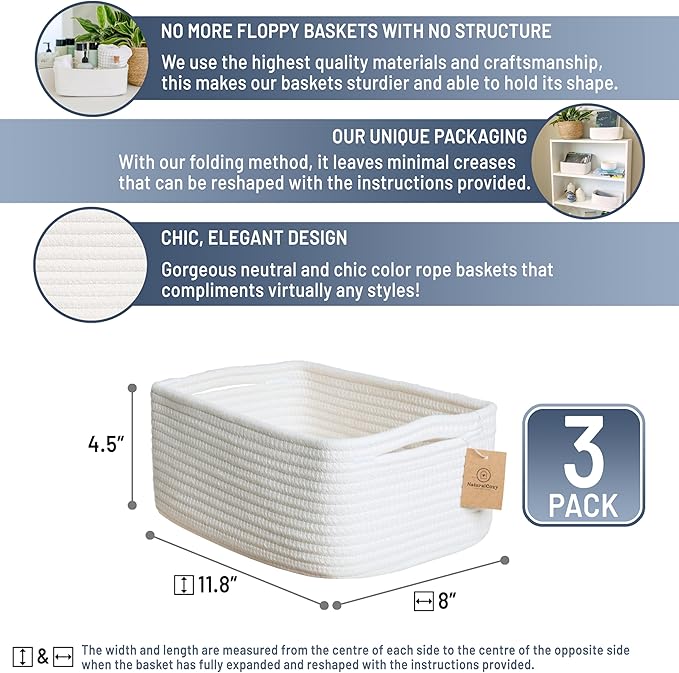 NaturalCozy 11.8"x8"x4.5” Storage Baskets for Shelves 3 Pack | Cotton Rope Woven Small Baskets for Organizing | Small Storage