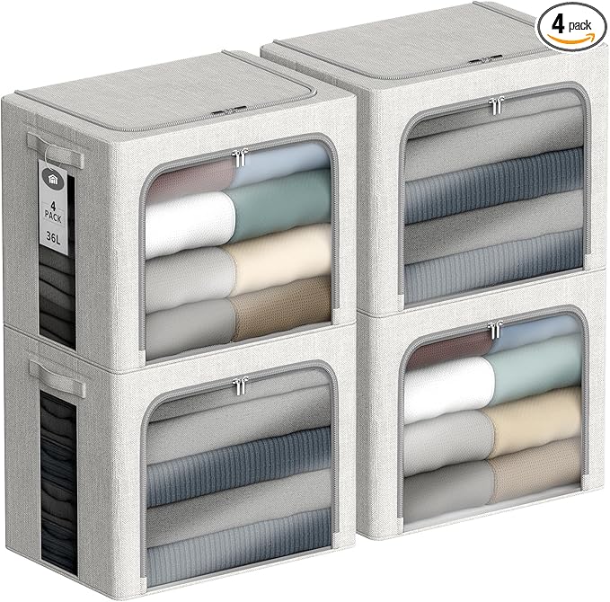 4 Pack Clothes Storage Bins with Metal Frame - 36L Stackable Storage Box with Lid，Foldable Storage Container Organizer for Cl