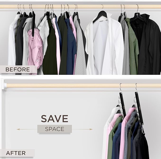 MORALVE Space Saving Hangers for Closet – 4 Pack European Beechwood 6-Tier Shirt Organizer with 360° Swivel Hook – Collapsibl