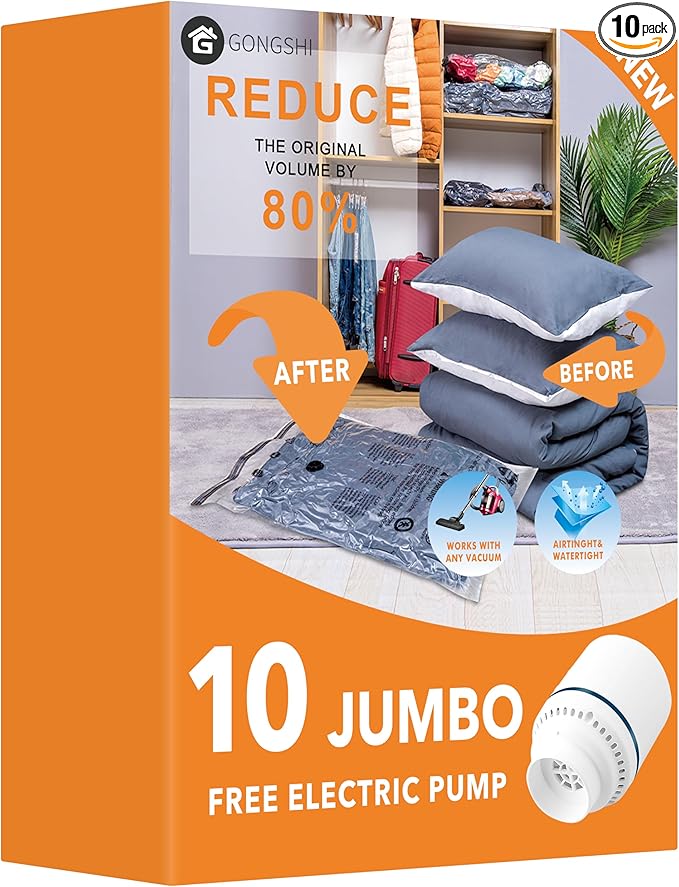 GONGSHI Vacuum Storage Bags, Space Saver Bags for Clothing,Blankets,Comforters, Pillows, Clothes,Travel,10 Jumbo-EPUMP