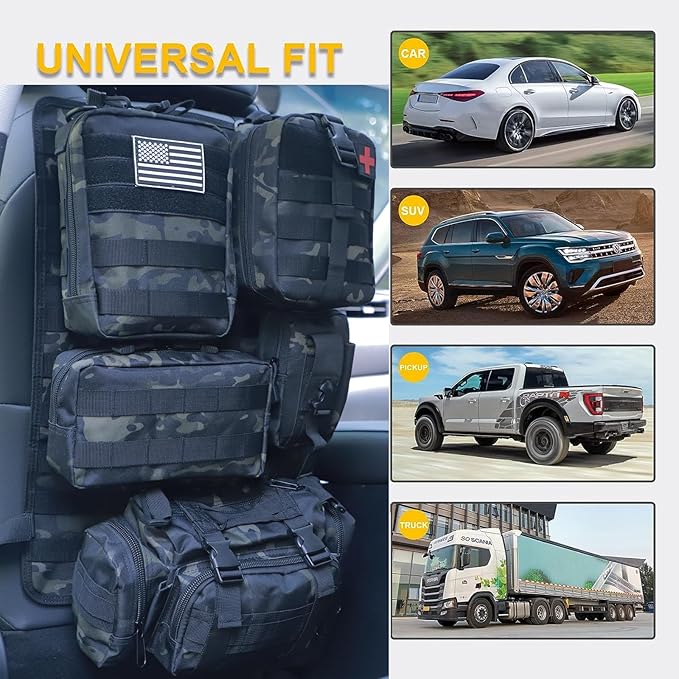 Universal Tactical Car Seat Back Organizer Bag Tactical Molle Vehicle Organizers Panel Vehicle Protector Organizers with 5 Detachable Pouches for Car (Black camo)