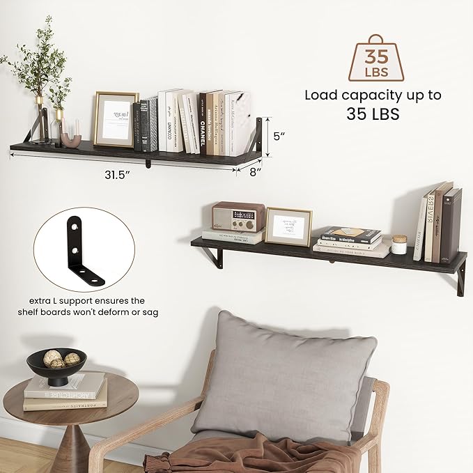 Axeman 32 Inch Floating Shelves | 8 Inch Deep Black Wood Wall Shelves Set of 2 | 31.5" W x 8" D Rustic Black Shelves for Bath